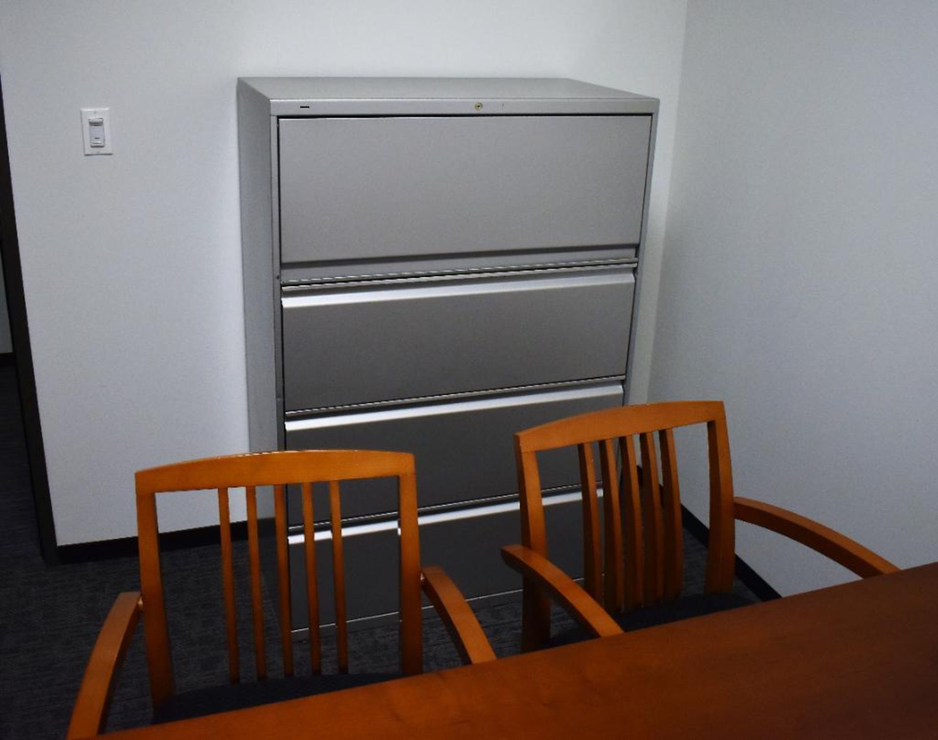 Office Suite c/o: Wood Desk, (2) Wood Frame Cloth Upholstered Arm Chair, Metal Four Drawer Lateral S - Image 2 of 3