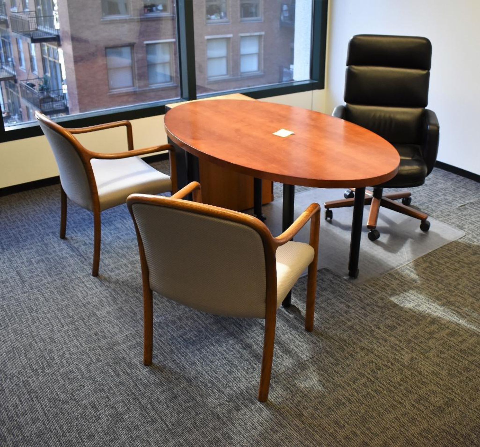 Office Suite c/o: Wood Oval Top Table w/Legs on Casters, Plastic Framed Leather Upholstered High Bac