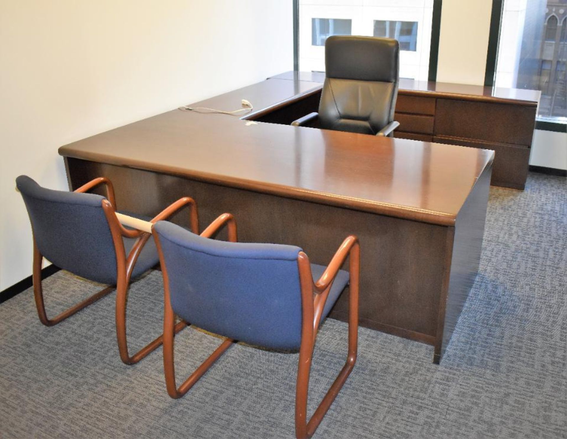 Office Suite c/o: Wood Frame Desk w/Right Return, Wood Credenza, Wood Frame Leather Upholstered High