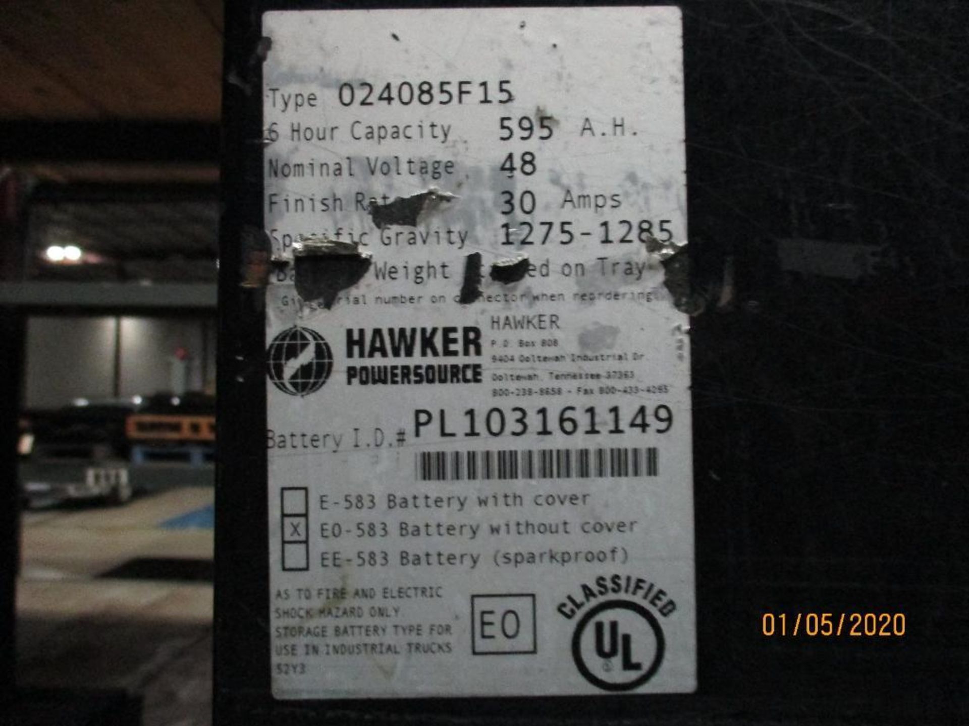 Hawker Forklift Battery (18) 595 Amp Hours, 48v, Type No. 024085F15 - Image 2 of 2