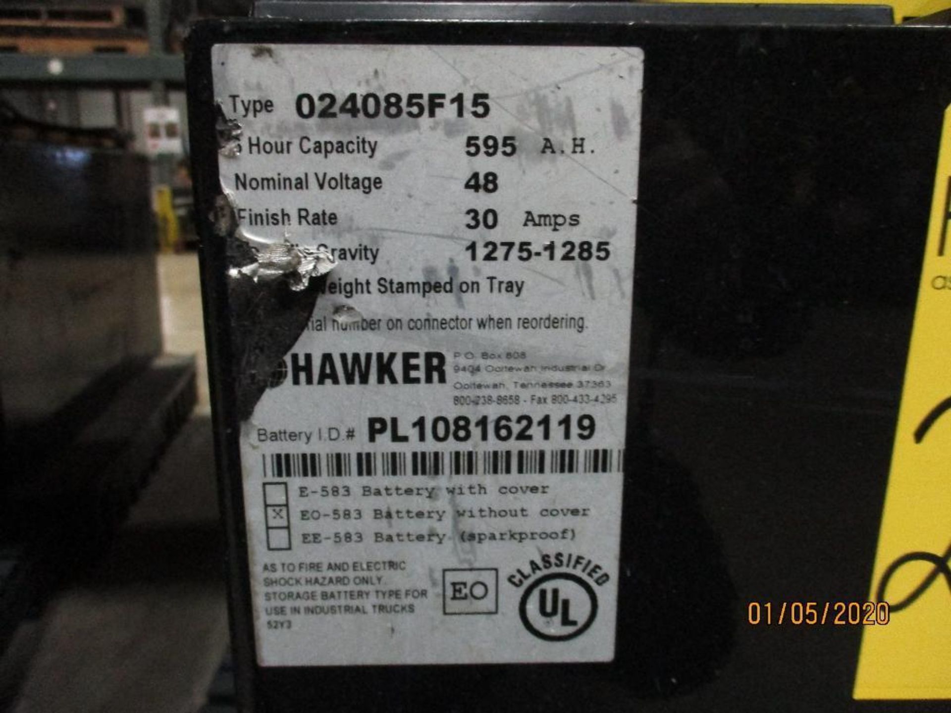 Hawker Forklift Battery (70) 595 Amp Hours, 48v, Type No. 024085F15 - Image 2 of 2