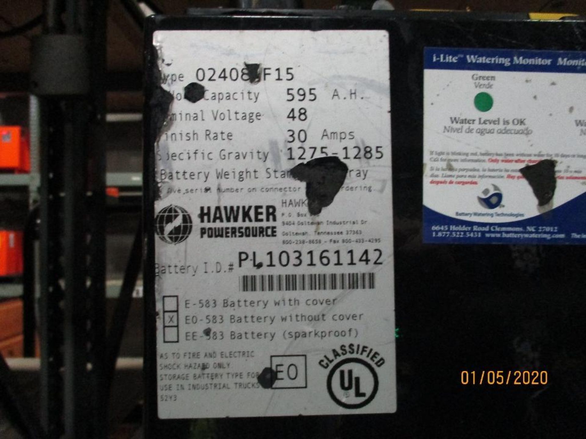 Hawker Forklift Battery (19) 595 Amp Hours, 48v, Type No. 024085F15 - Image 2 of 2