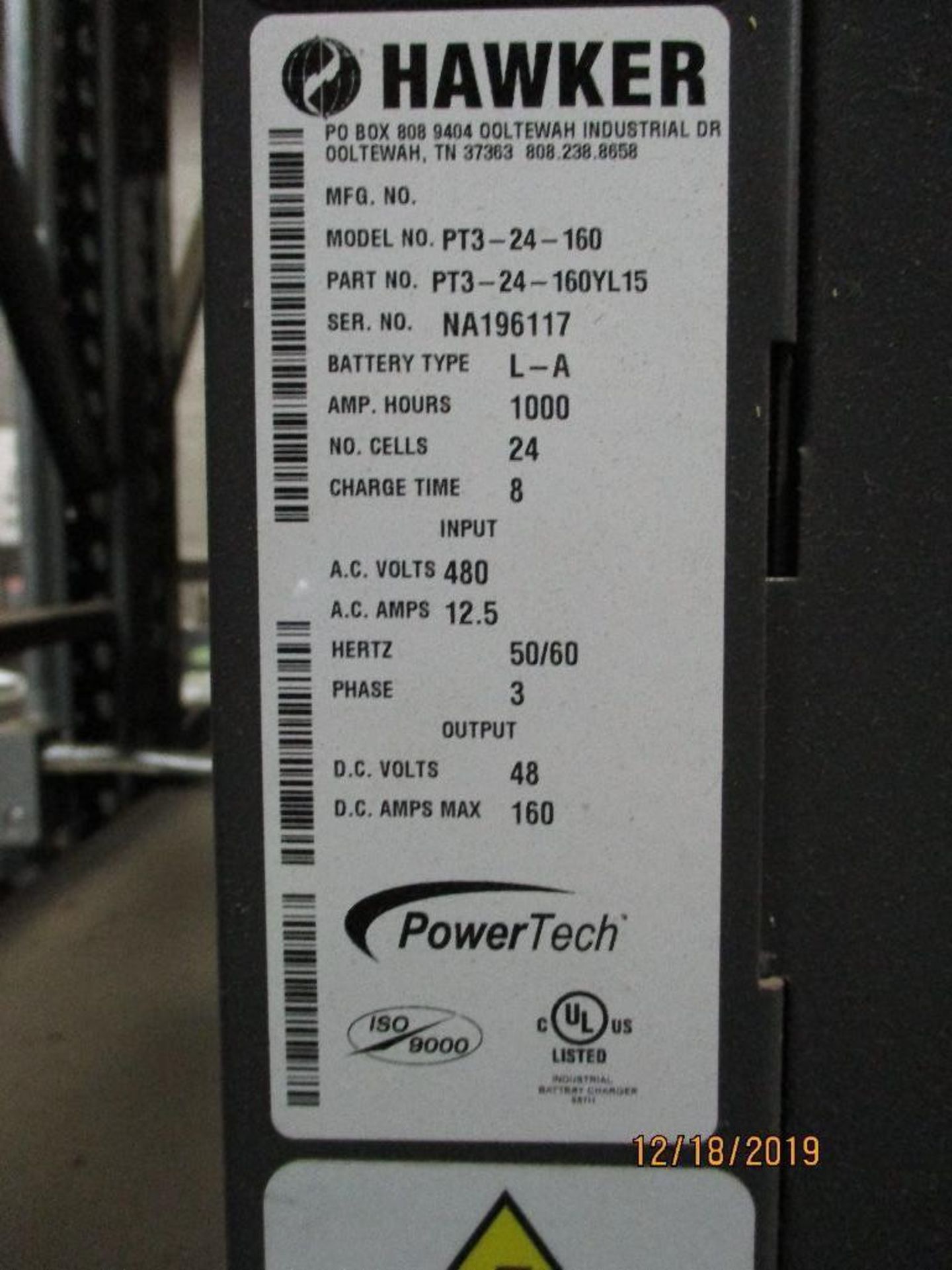 Hawker Powertech Battery Charger, 480v, 12.5amp, 3ph, M/N PT3-24-160 S/N NA196117 - Image 2 of 2