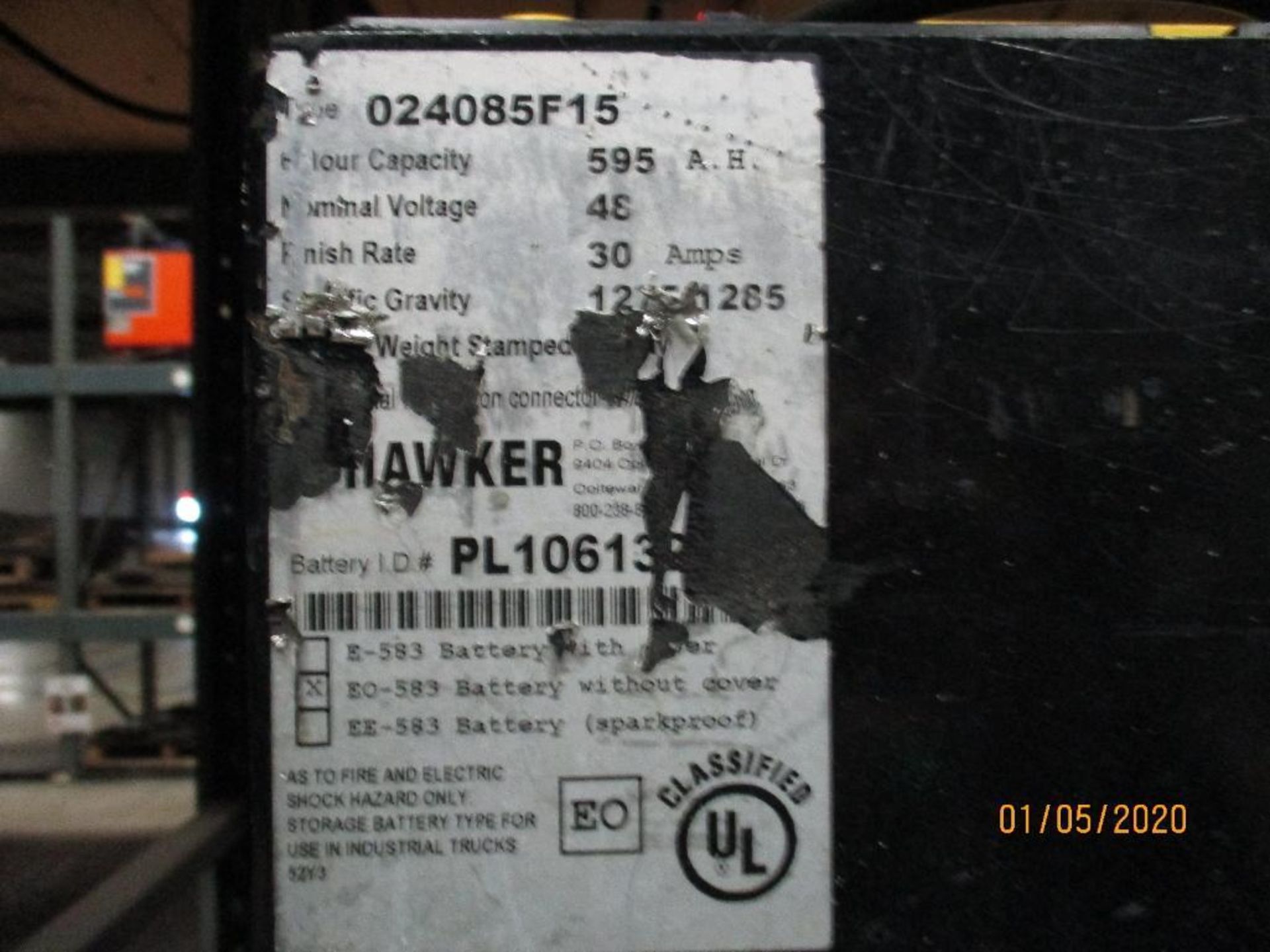 Hawker Forklift Battery (24) 595 Amp Hours, 48v, Type No. 024085F15 - Image 2 of 2