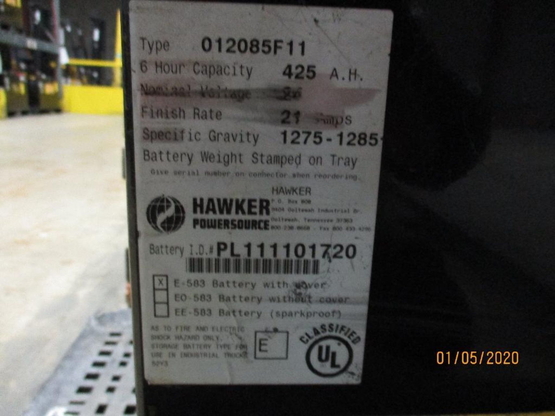 Hawker Forklift Battery (R89-4-R90) 425 Amp Hours, 26v, Type No. 012085F11 - Image 2 of 2