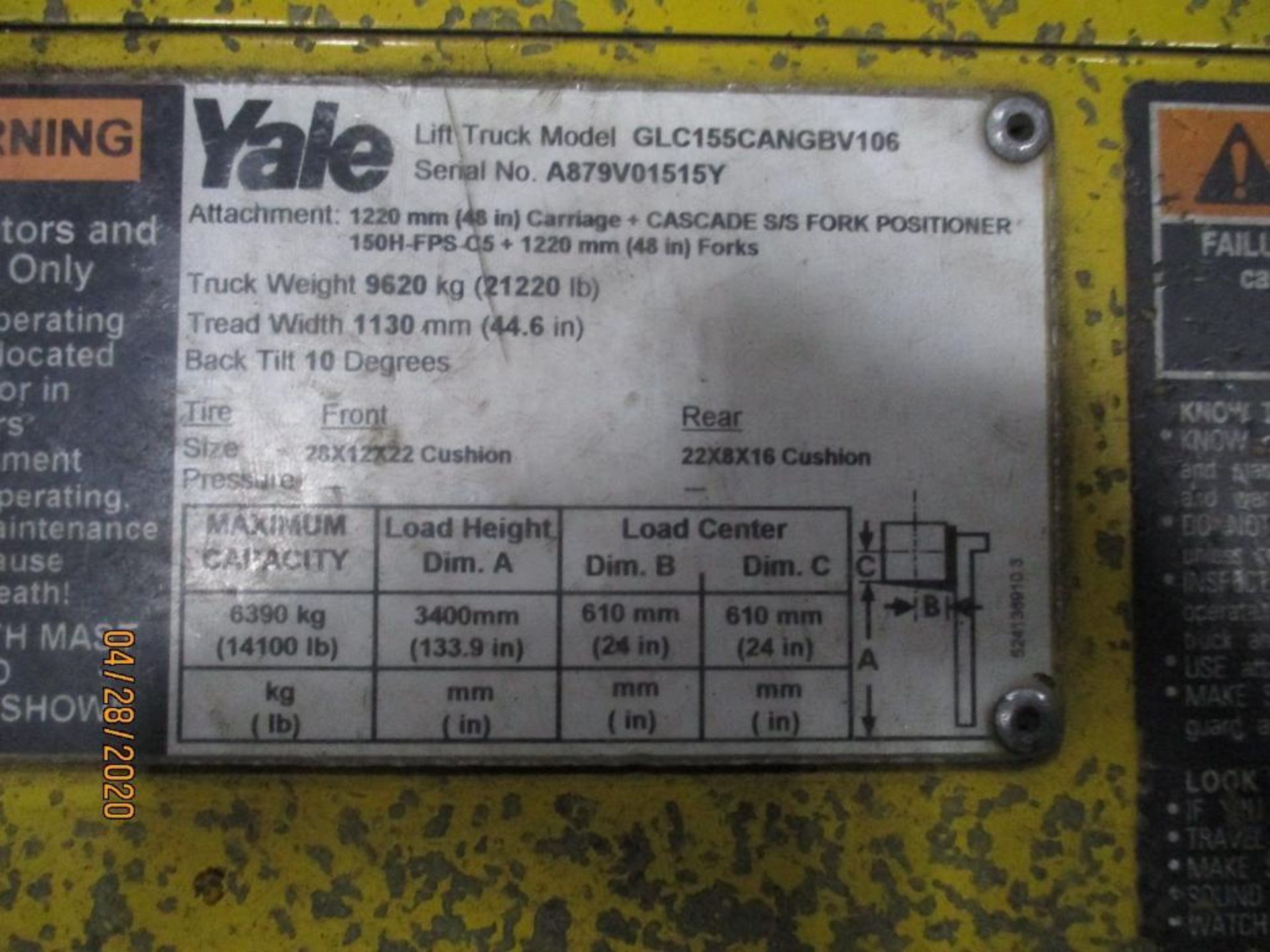 Yale LP Forklift (R88) Side Shift, Auto Adjust 48" Forks, Approx. Height Reach 133", 14,100lb Capaci - Image 6 of 7