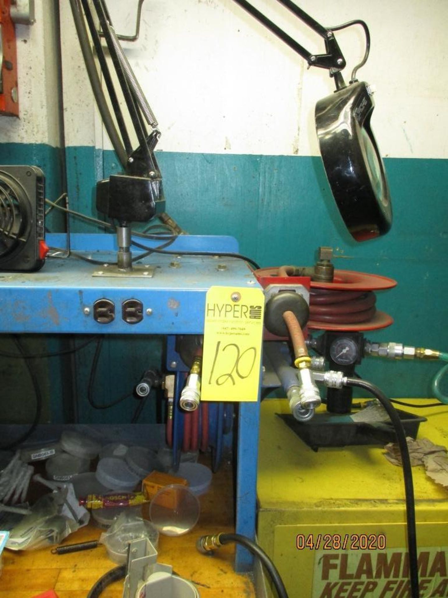 Work Bench With Electrical Outlets, Two Air Hose Reels, Magnifier Light, And Small Flammable Cabinet - Image 3 of 3