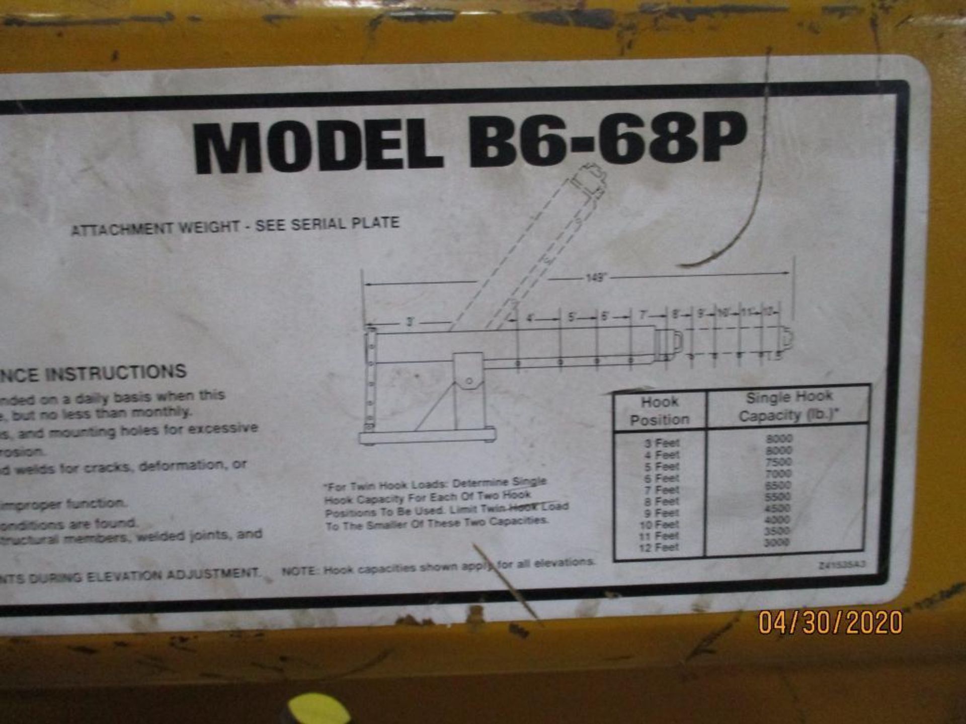 Hercules Forklift Boom Attachment, 12' Max Reach, 8,000lb Capacity, M/N B6-68P - Image 3 of 3