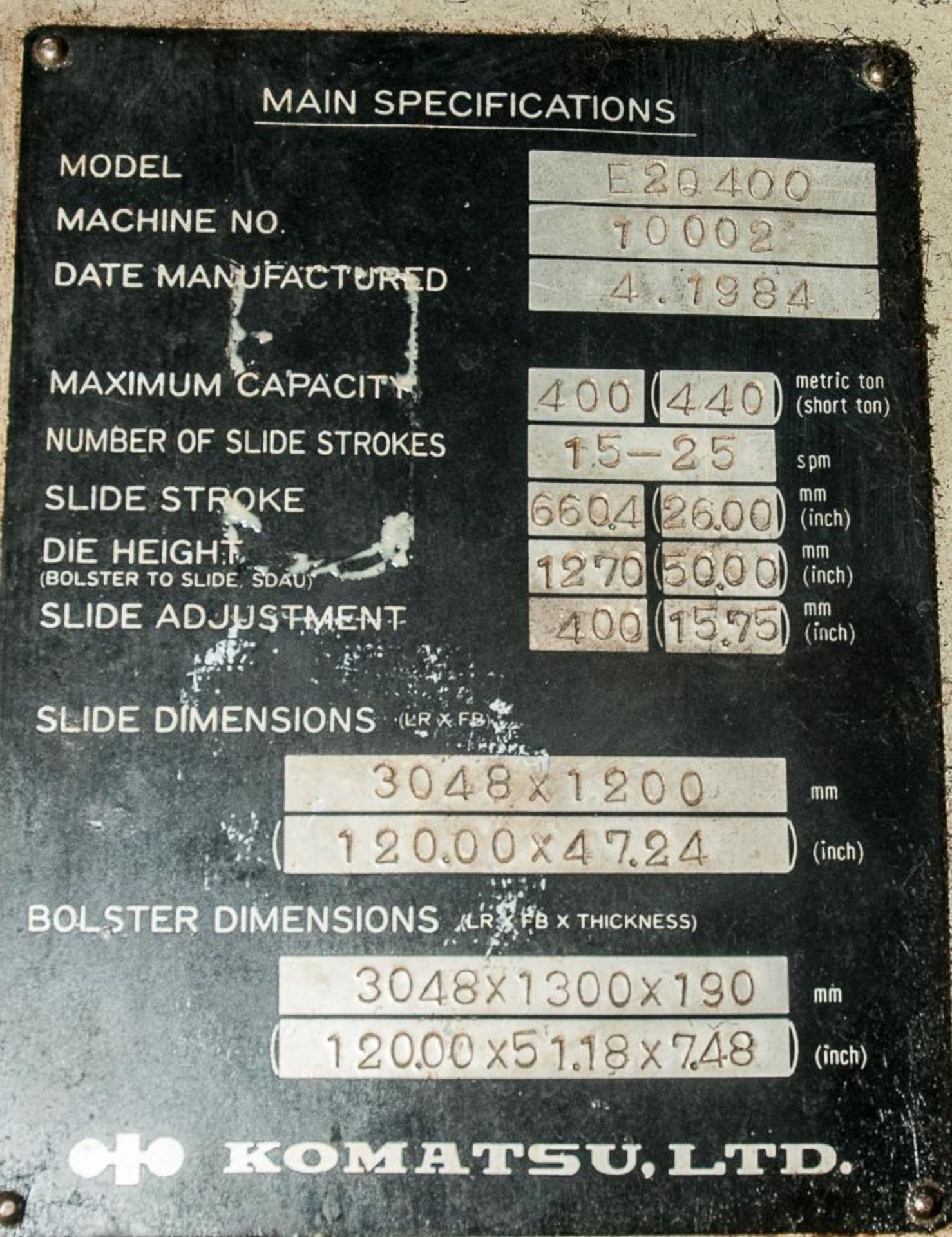 Komatsu Model E2G400 400 Ton Eccentric Geared Transfer Press, S/N 10002, (1984), Link Drive, 15-25 s - Image 9 of 14