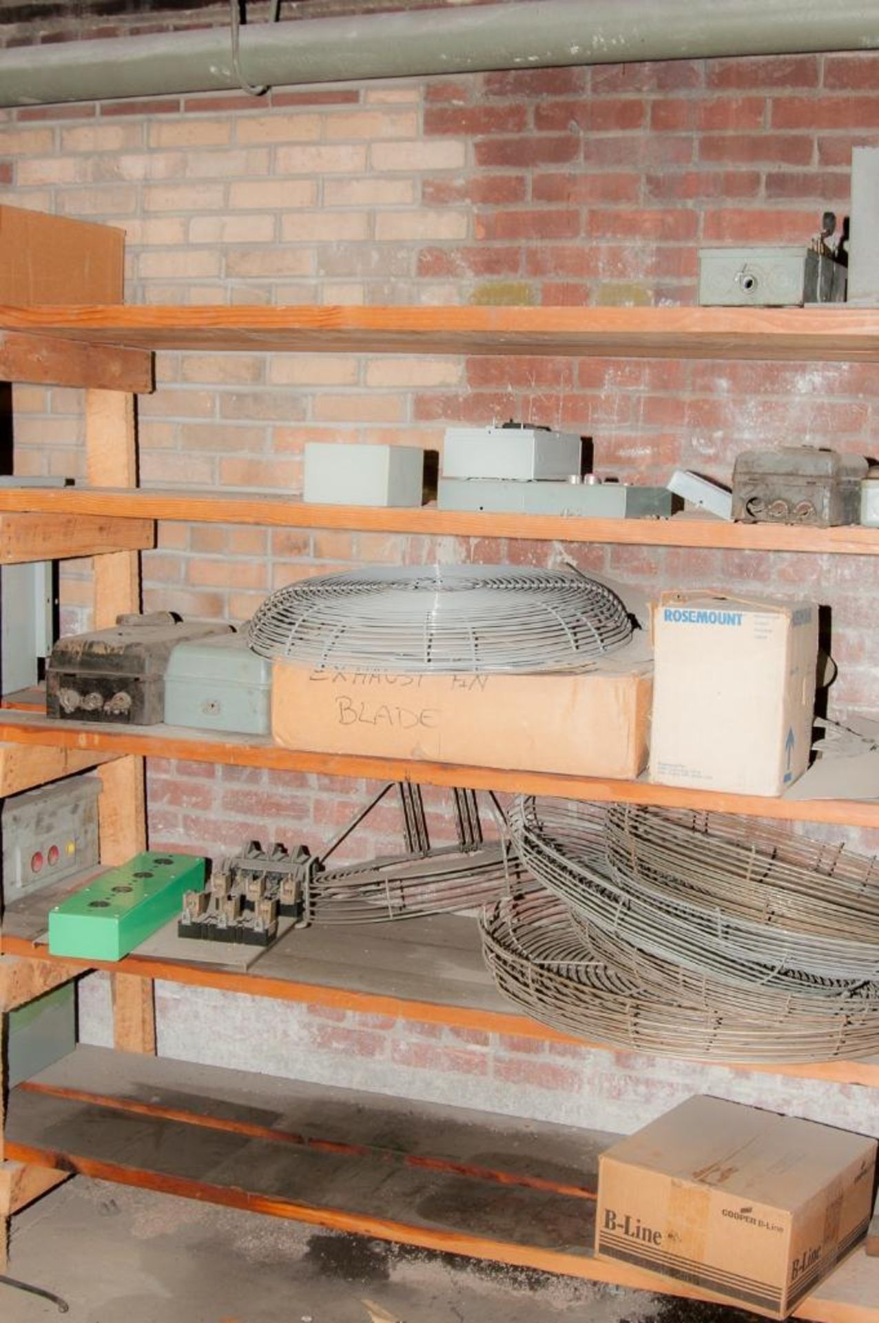 Shelf with Fan Covers, Fan Blades, Electrical Boxes, Motors and Electrical Parts - Image 3 of 6