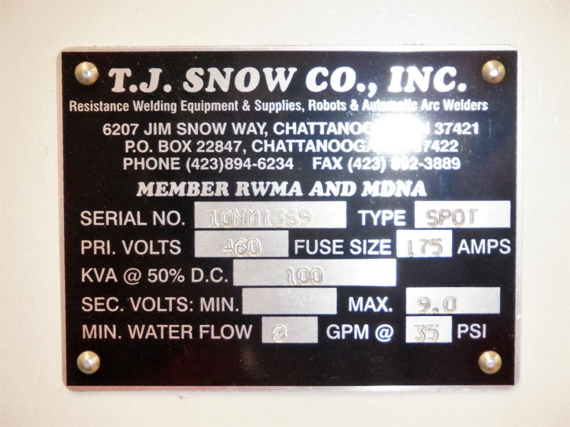 T.J. Snow 18" (est.) Slim Line Horn Style 100-KVA Pneumatic Aluminum Spot Welder S/N: 10NM1369 - Image 7 of 13