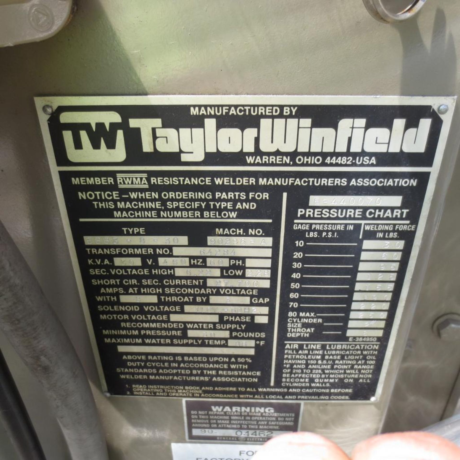 Taylor Winfield 30 KVA Type EBB3-8-30 Spot Welder S/N: 90296-A, 30 KVA located at 707 Burlington Ave - Image 3 of 5