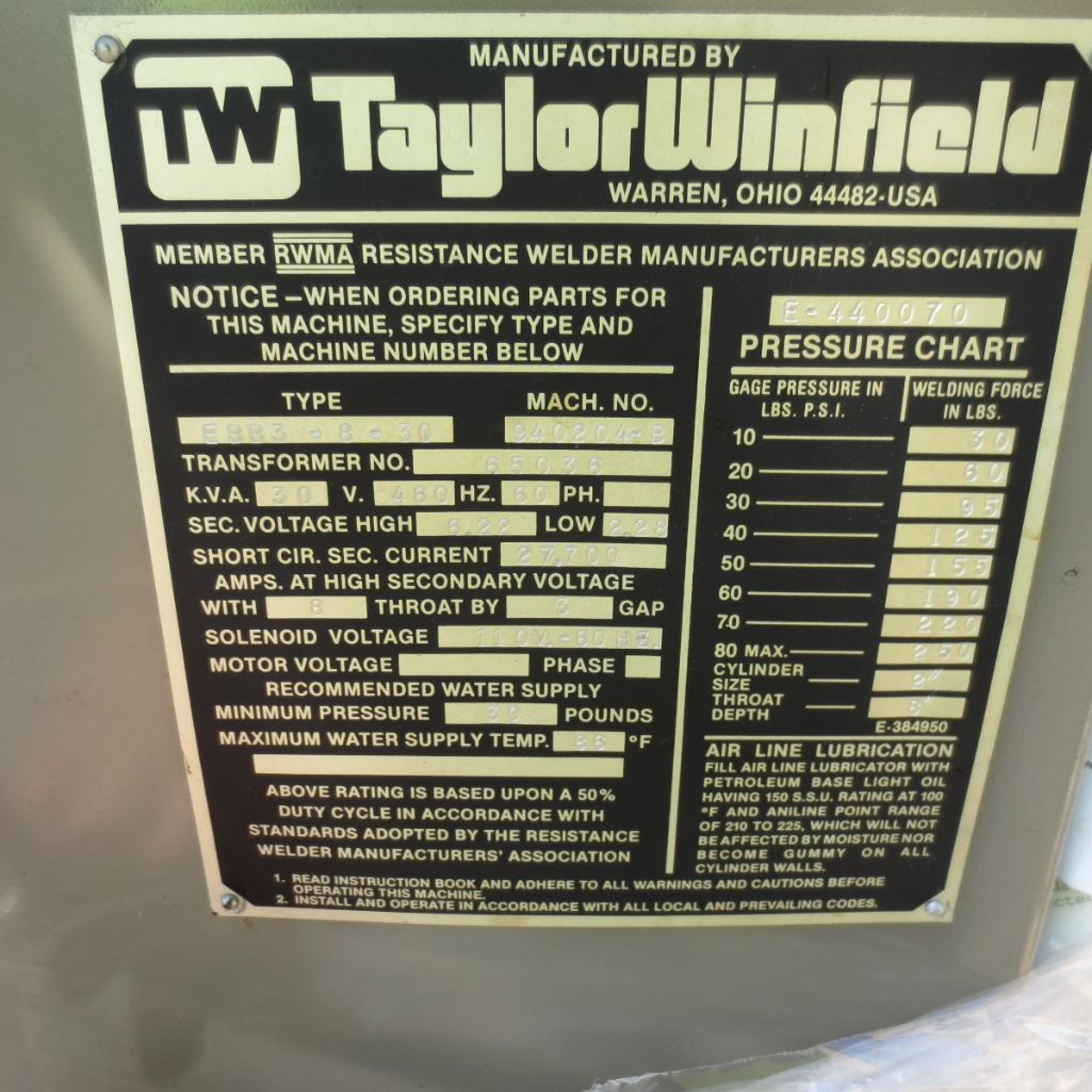 Taylor Winfield 30-KVA Type EBB3-8-30 Spot Welder S/N: 940204-B, 30 KVA, 460V located at 707 Burling - Image 2 of 3