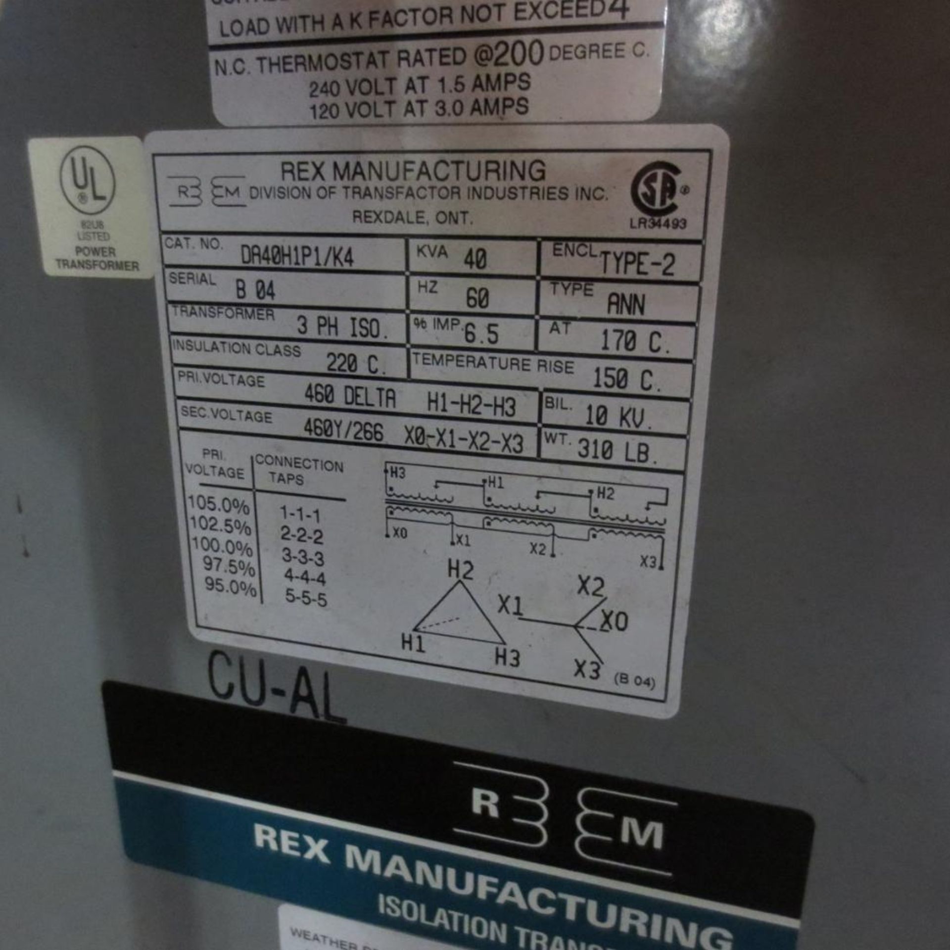 Untratron Clean Air Unit and Rex Manufacturing 40 KVA Transformer, 310 LB, Prim Voltage 460V , Sec V - Image 2 of 2