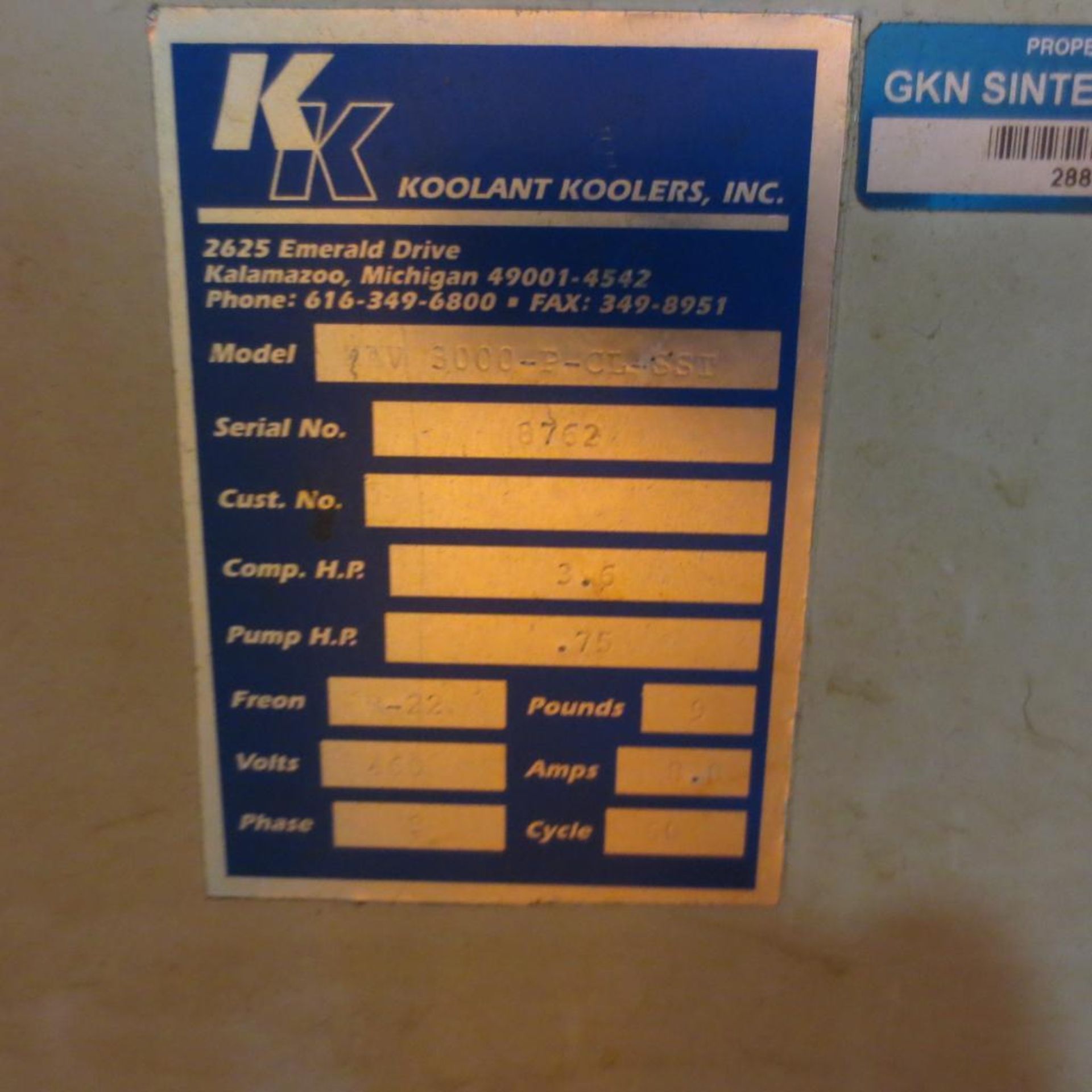 Koolant Koolers Model 3000 P-CL-SST Chiller S/N 8762. Loading Fee is $50.00 - Image 2 of 3