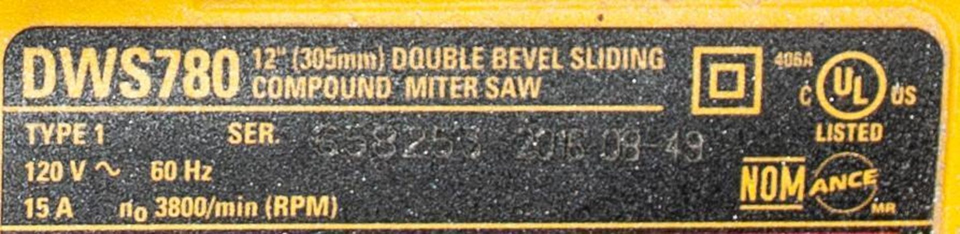 DeWalt Model DWS780 12" Double Bevel Sliding Compound Miter Saw s/n 658253 2016 08-49 (est.) 120v, O - Image 3 of 4