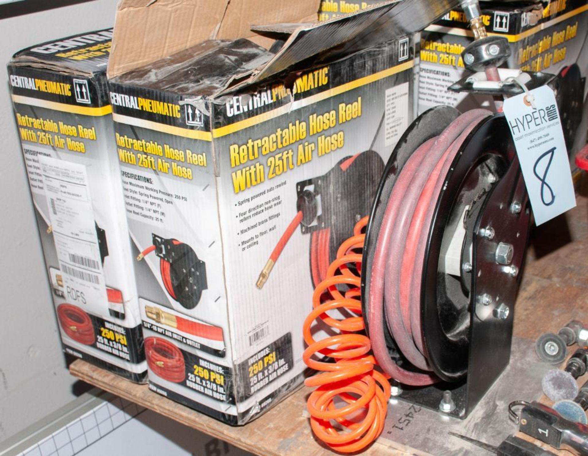 Lot c/o: (3) Air Hose Reels w/ 25' Air Hose (1) is new in Box, w/ Assorted Pneumatic Tools and Acces - Image 2 of 4