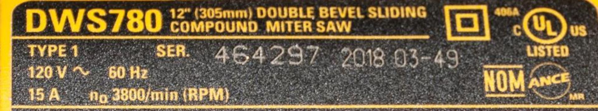 DeWalt Model DWS780 12" Double Bevel Sliding Compound Miter Saw s/n 4641297, 120v, On DeWalt Model D - Image 3 of 4