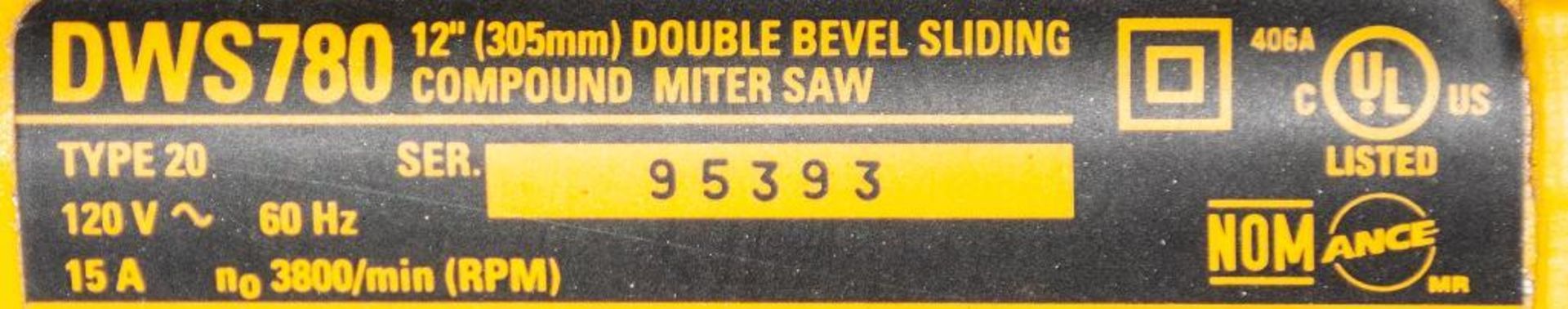 DeWalt Model DWS780 12" Double Bevel Sliding Compound Miter Saw s/n 95393, 120v - Image 2 of 3