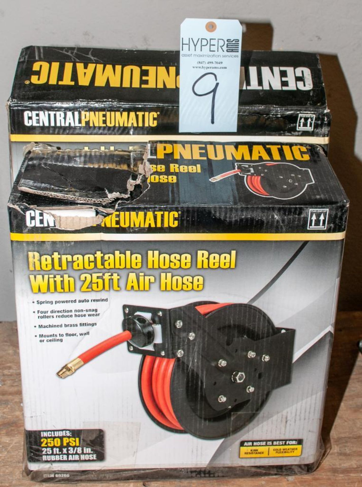 Lot c/o: (2) Air Hose Reels, Both New In Box, (1) 50' Hose, (1) 25' Hose