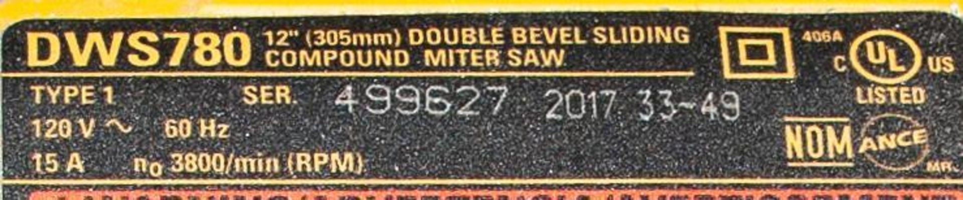 DeWalt Model DWS780 Double Bevel Sliding Compound Miter Saw s/n 499627 w/ 18' (est.) Wood Top Metal - Image 3 of 3