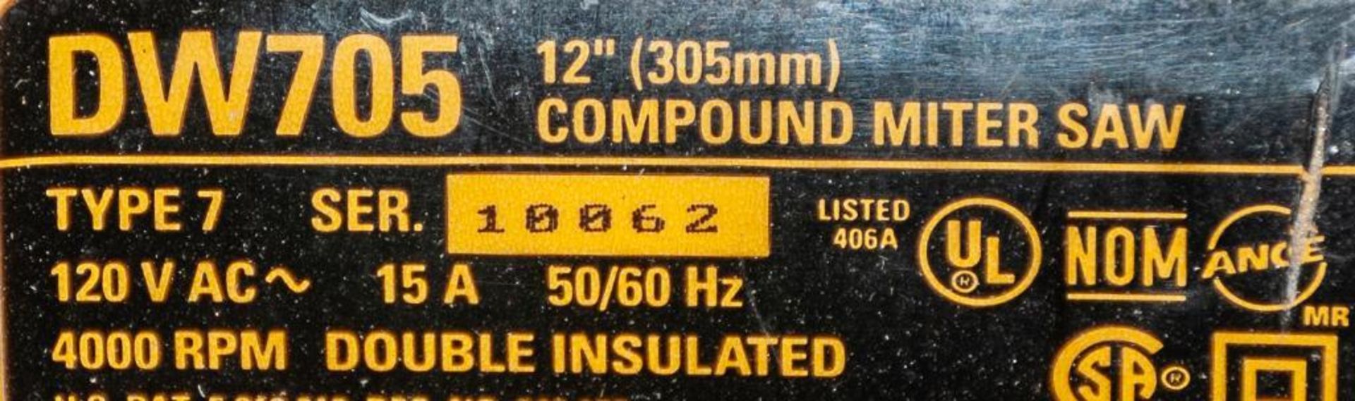 DeWalt Model DW705 Compound Miter Saw s/n 10062 - Image 2 of 2