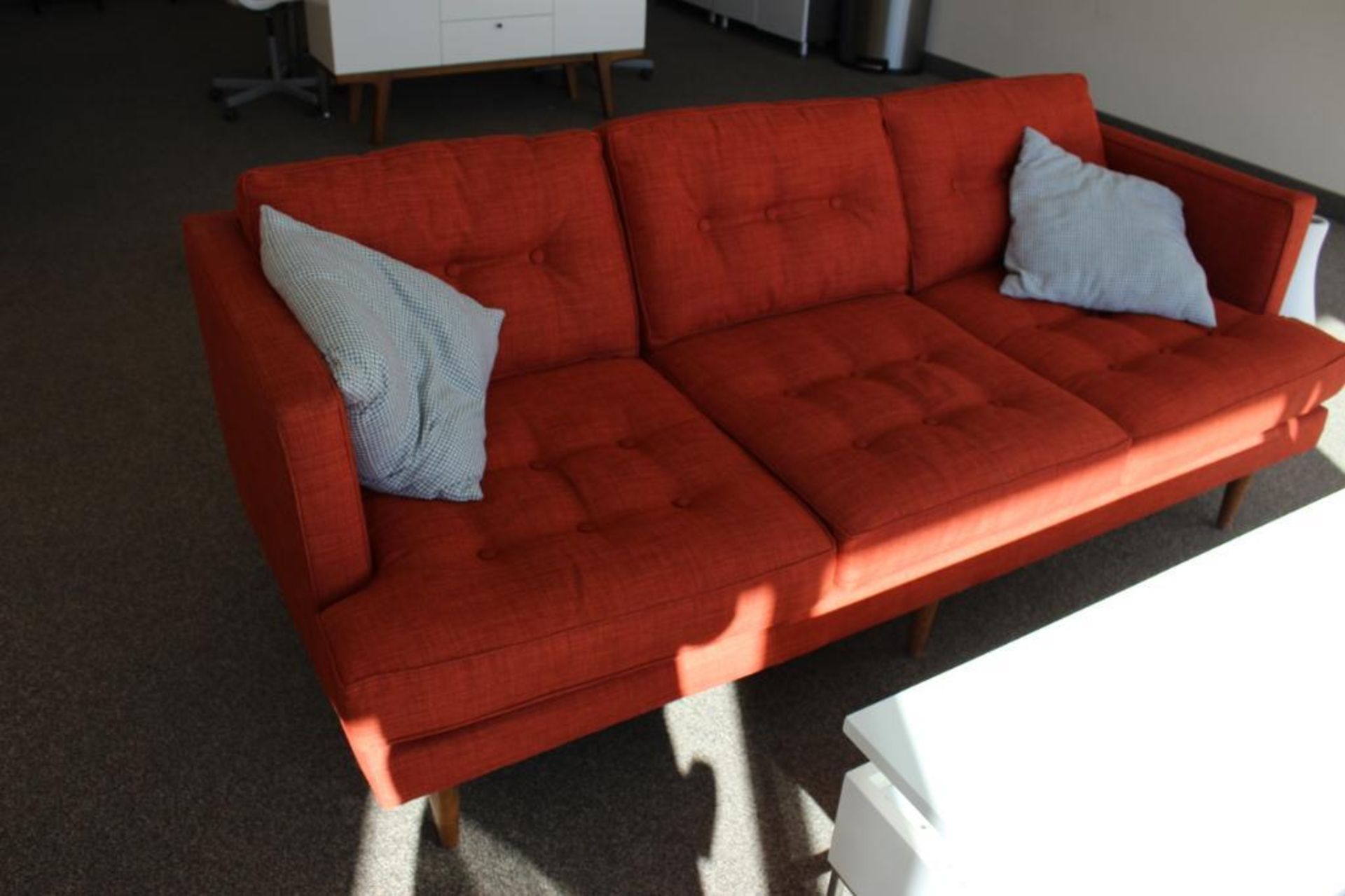 Reception furniture w/ 79” cloth sofa; 2- cloth swivel chairs; 1 6'x3' table ; 1 bench & 1 coffee ta - Image 2 of 6