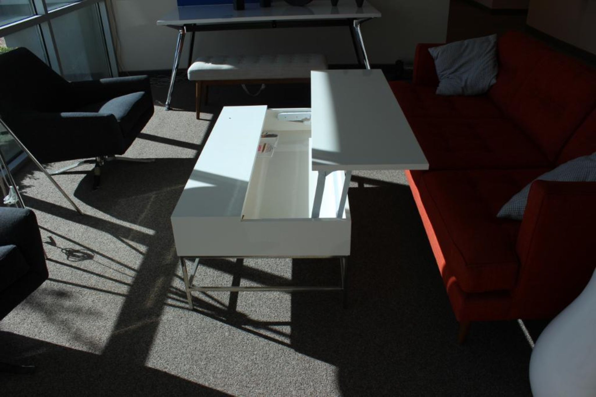 Reception furniture w/ 79” cloth sofa; 2- cloth swivel chairs; 1 6'x3' table ; 1 bench & 1 coffee ta - Image 5 of 6
