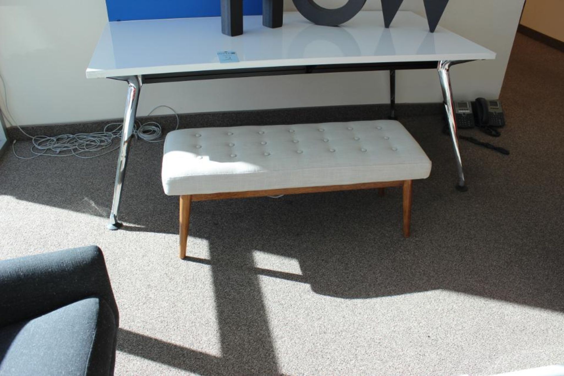 Reception furniture w/ 79” cloth sofa; 2- cloth swivel chairs; 1 6'x3' table ; 1 bench & 1 coffee ta - Image 6 of 6