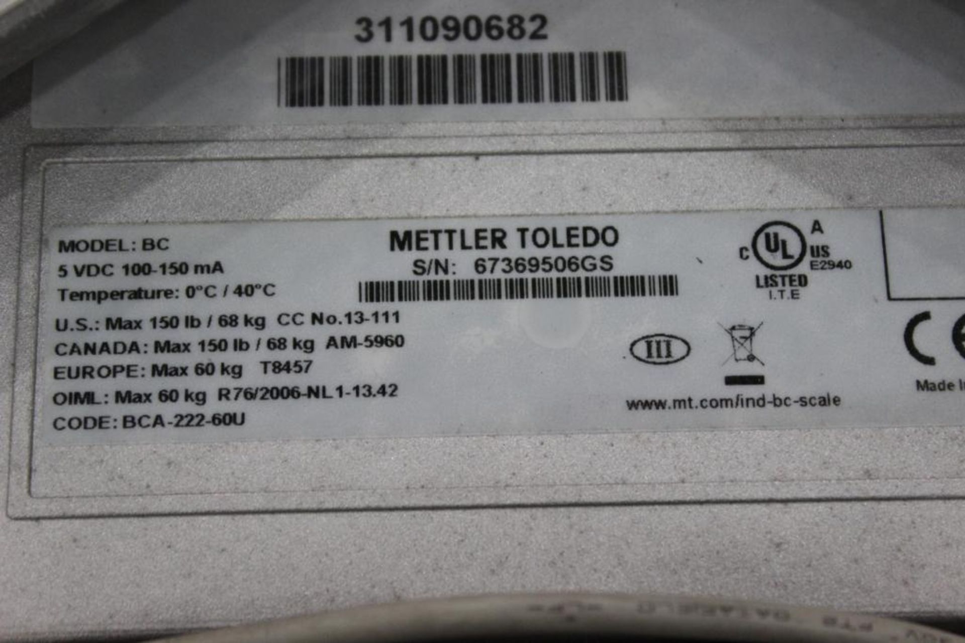 Mettler Toledo 150-lb. Capacity Model BC Bench-Top Digital Scale s/n 67369506GS - Image 3 of 3
