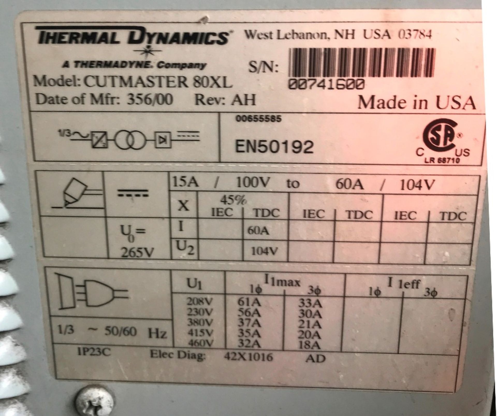 Thermal Dynamics Cutmaster 80XL Plasma Cutter - Image 5 of 5