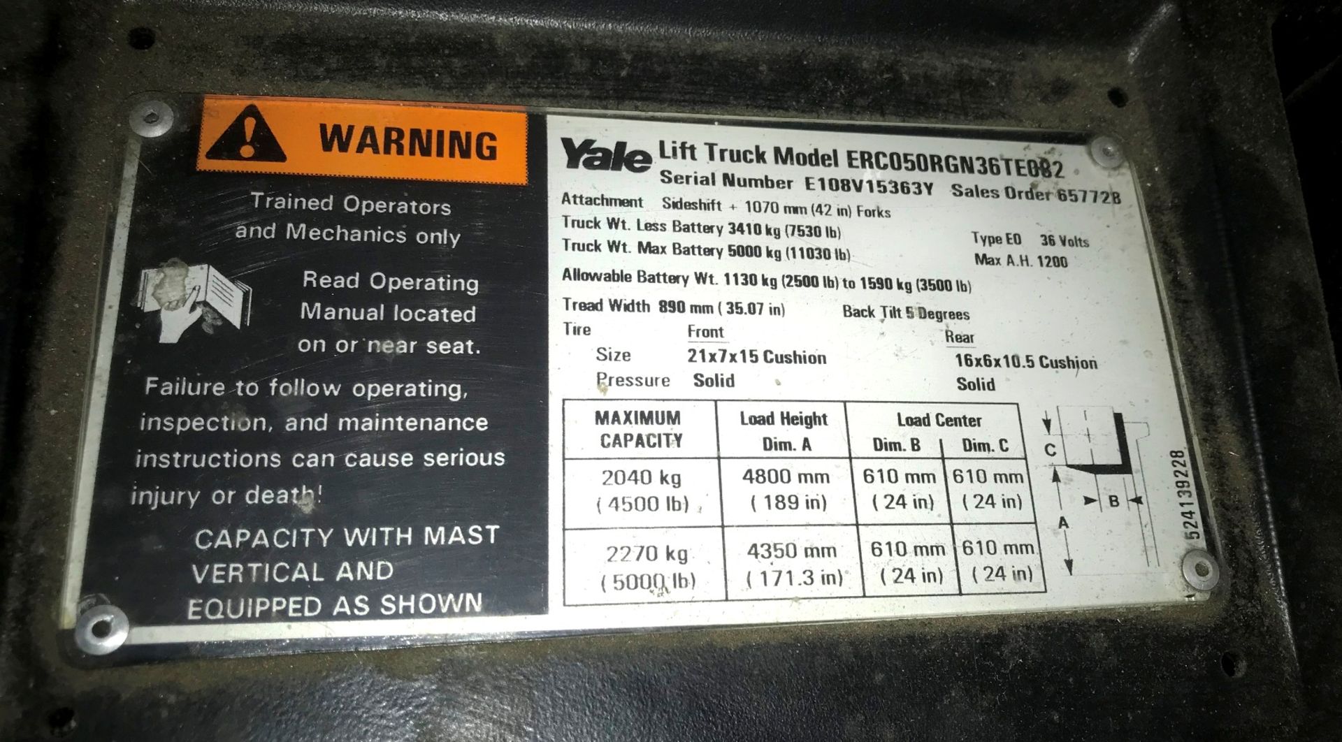 Yale Mod. ERCO50RGN36TE082 5000# Electric Forklift - S/N E108V15363Y,(New 2000) 189" Max. Lift, - Bild 9 aus 9