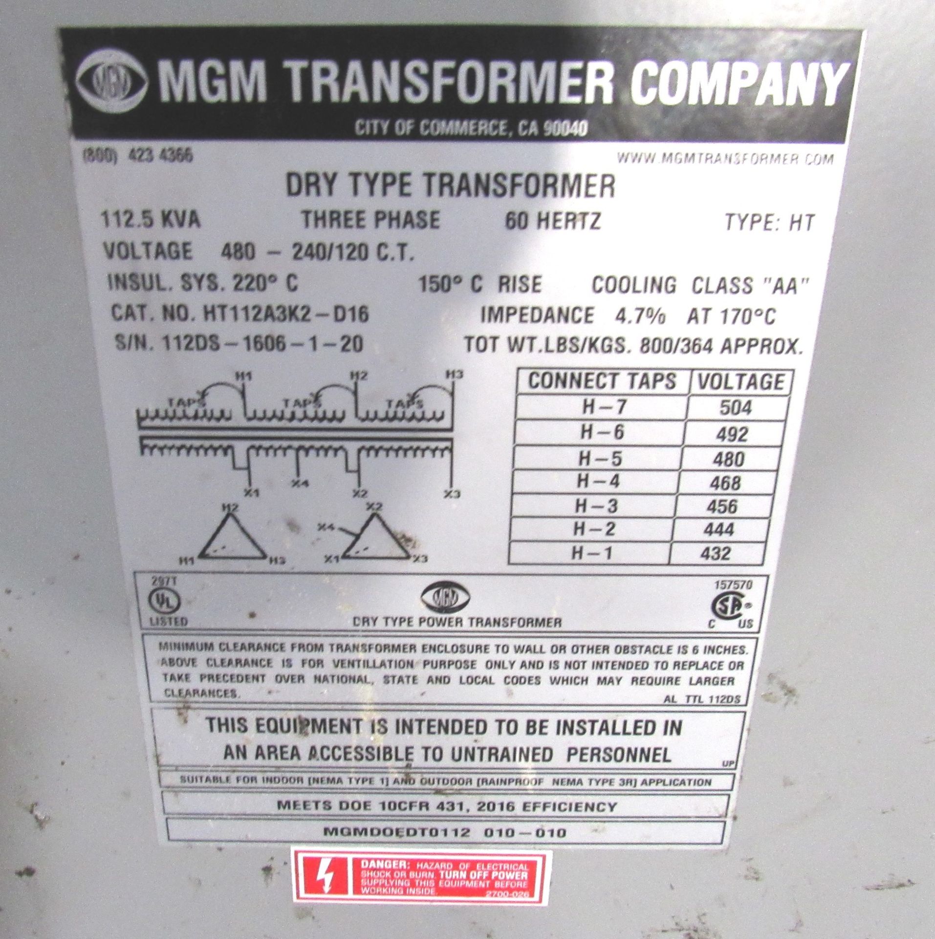 MGM 112KVA Three Phase Dry Transformer - Image 2 of 2
