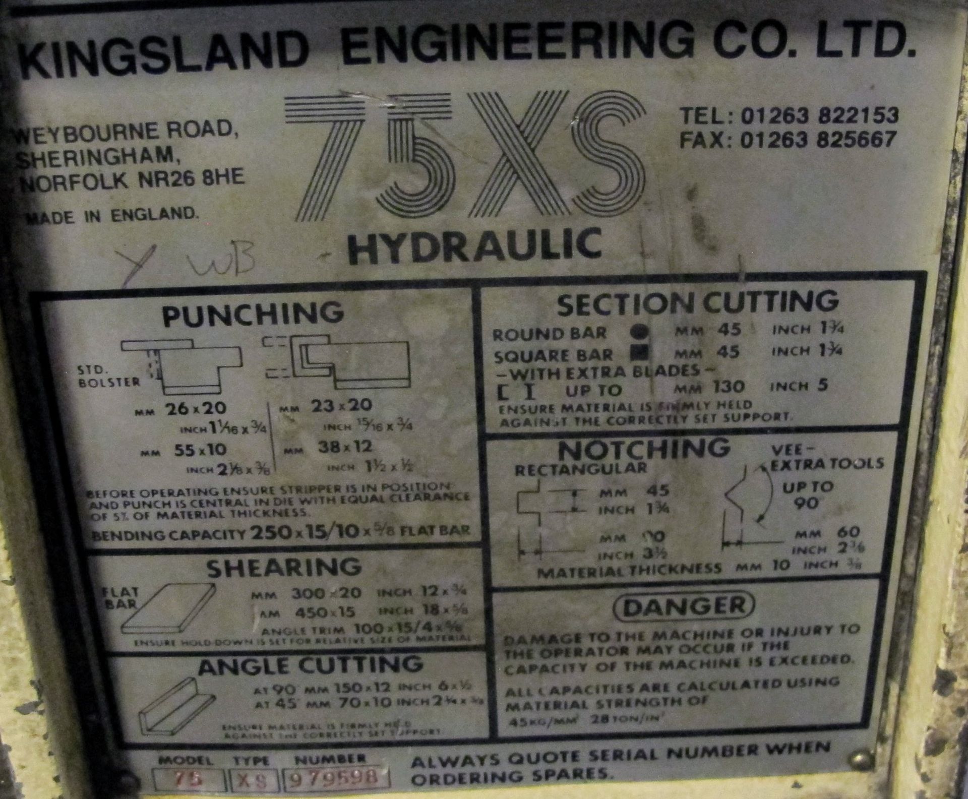 KINGSLAND 75XS HYDRAULIC IRONWORKER, 75 TON CAP., 6” X 6” X ½” ANGLE, DUAL STATION, S/N 979598 W/ - Image 6 of 9