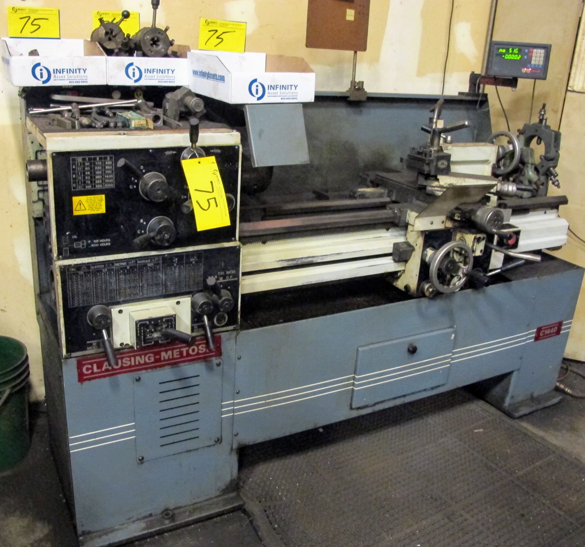 CLAUSING-METOSA C1440 LATHE, 14" SWING X 40" BETWEEN CENTERS, NEWALL 2-AXIS DRO, 8" 3-JAW CHUCK, 1.