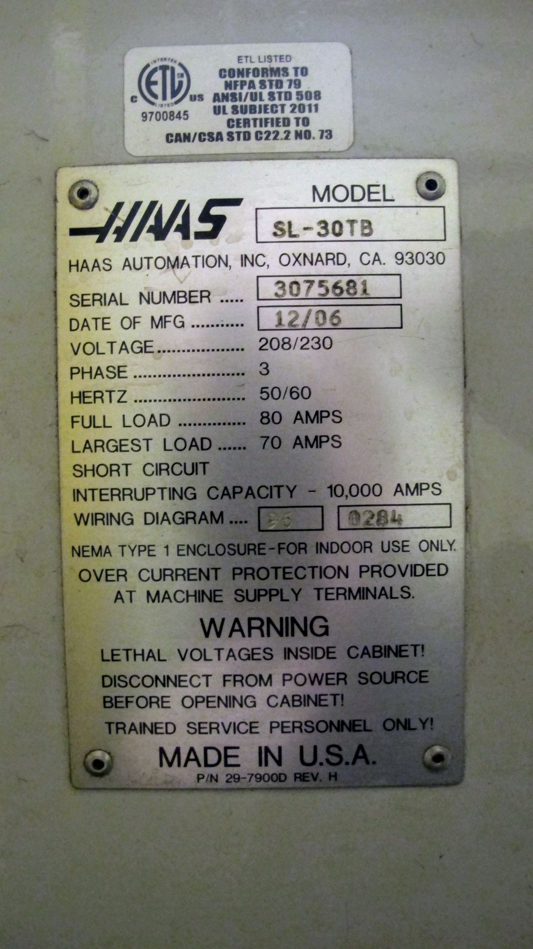 2006 HAAS SL-30TB CNC LATHE, CNC CONTROL, 4.0" BIG BORE, 15" 3 JAW CHUCK, 12 STATION TURRET, - Image 12 of 16