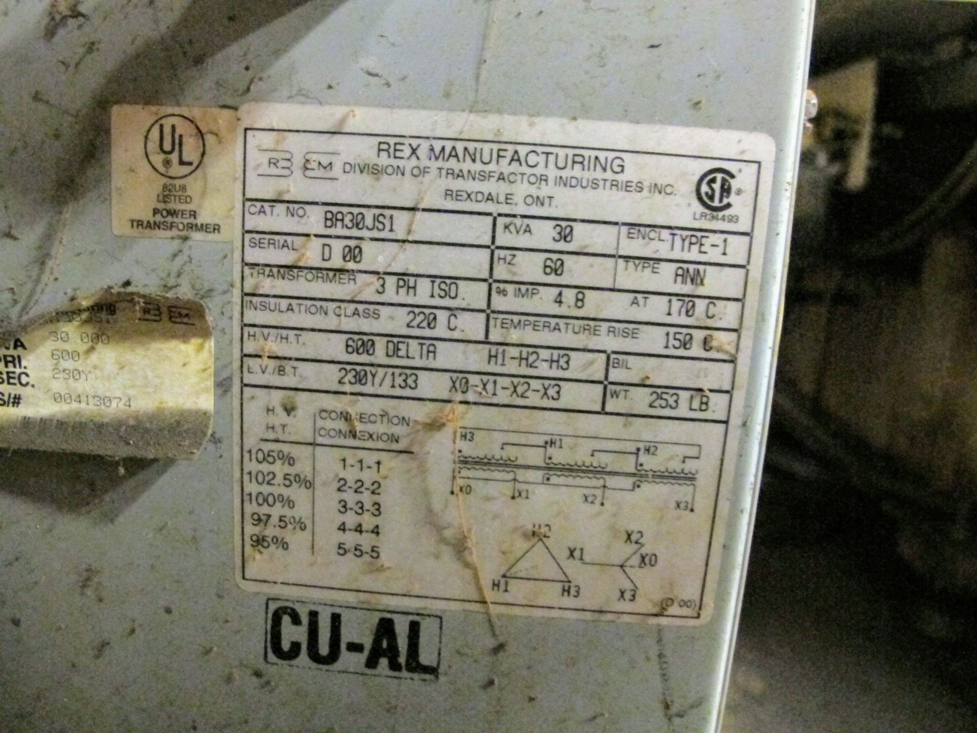 REX MANUFACTURING 30 KVA, 3 PHASE TRANSFORMER, PRIMARY 600V, SECONDARY 230 VOLT - Image 2 of 2