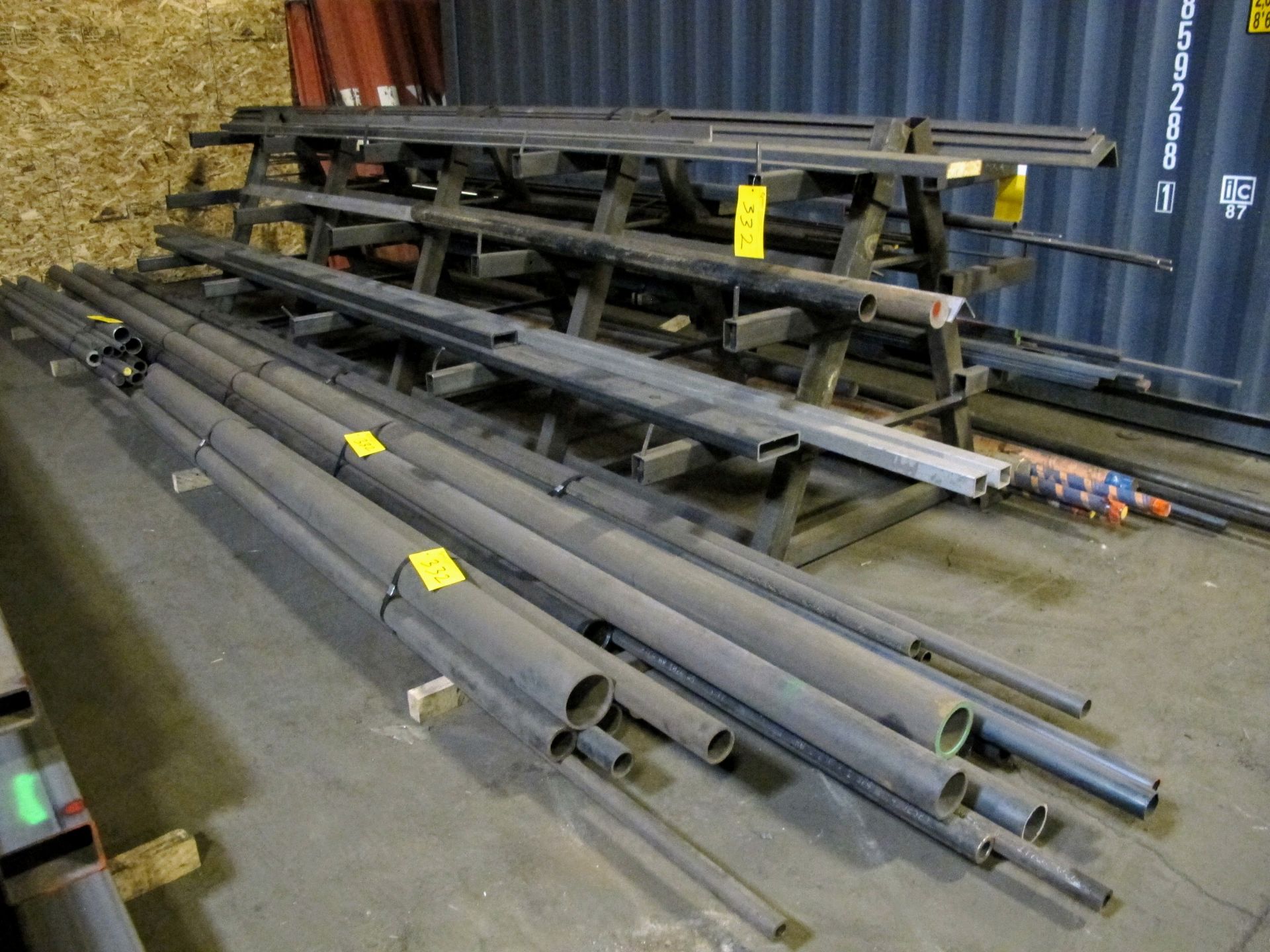 LOT OF STEEL PIPE, BAR STOCK, CYLINDER STOCK W/A-FRAME RACK 16'L X 6'W X 5'T APPROX