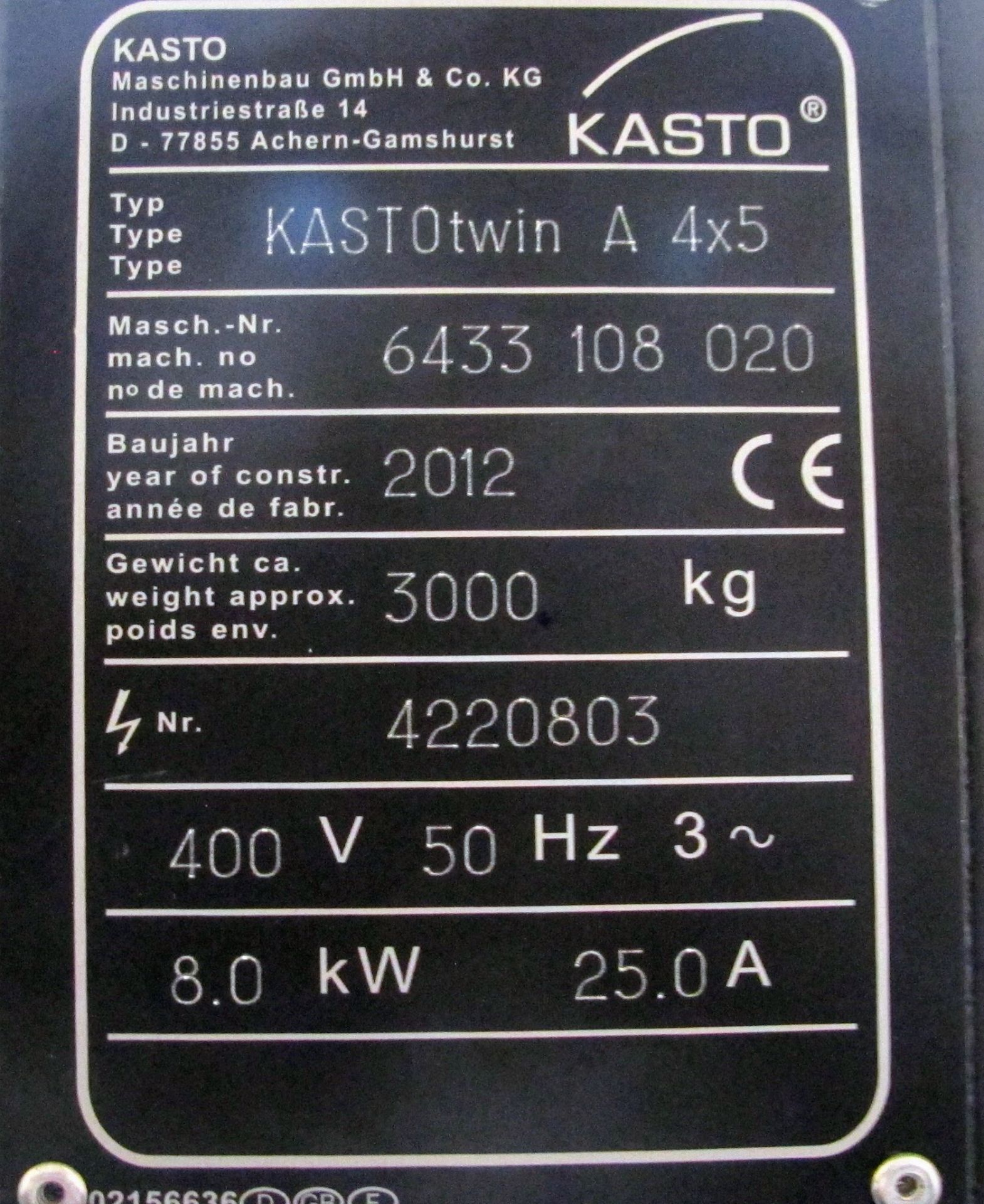 2012 KASTO TWIN A 4X5 CNC HORIZONTAL BANDSAW, 17” X 20” CAP., KASTO PLC CONTROL, DUAL HYDRAULIC - Image 14 of 14