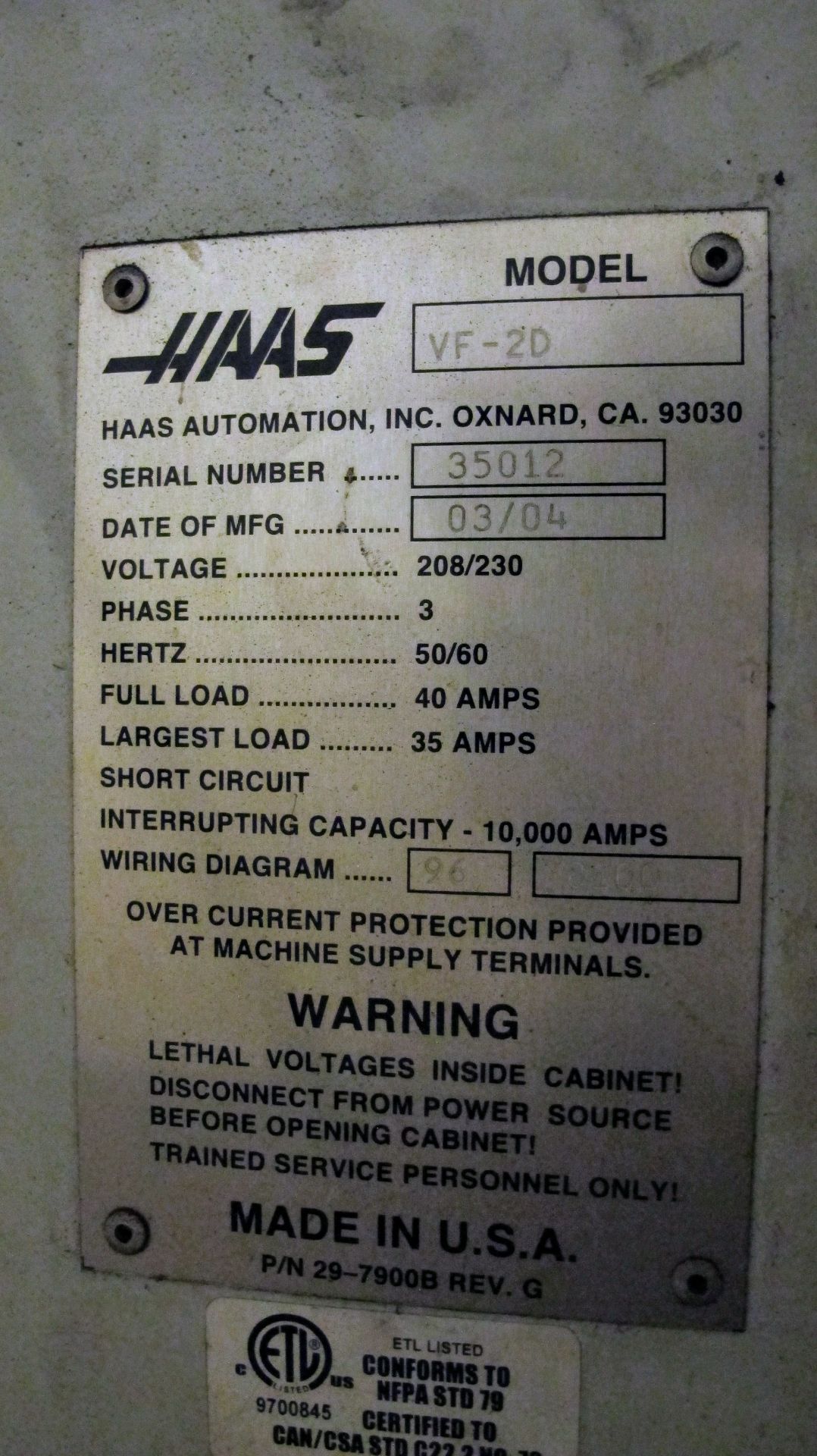 2004 HAAS VF2D CNC VERTICAL MACHINING CENTER, CNC CONTROL, TRAVELS: X-30", Y-16", Z-20", 14" X 36" - Image 12 of 17