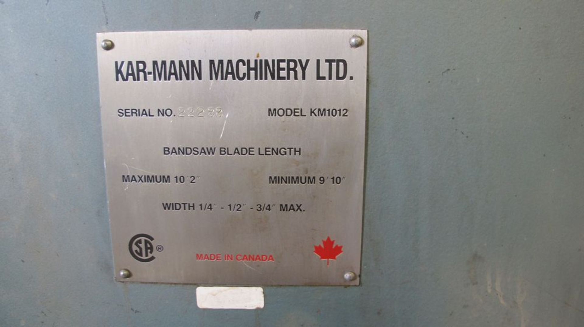 KARMAN KM1012 ROLL-IN BAND SAW, S/N 22288 W/EXTRA BLADES - Image 3 of 3