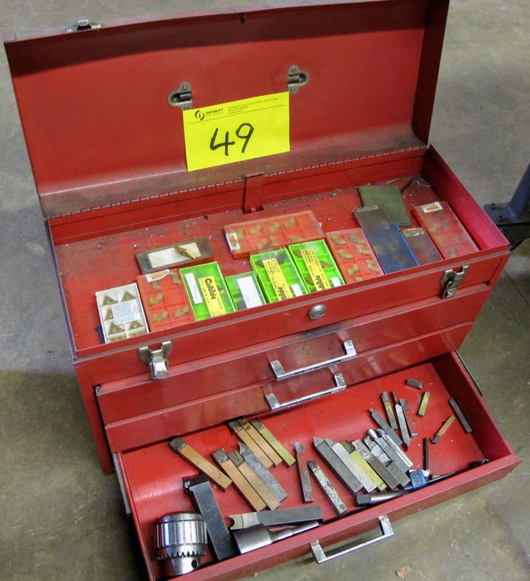GREY TOOL BOX, 3 DRAWERS W/CARBIDE CUTTERS AND CUTTER BARS