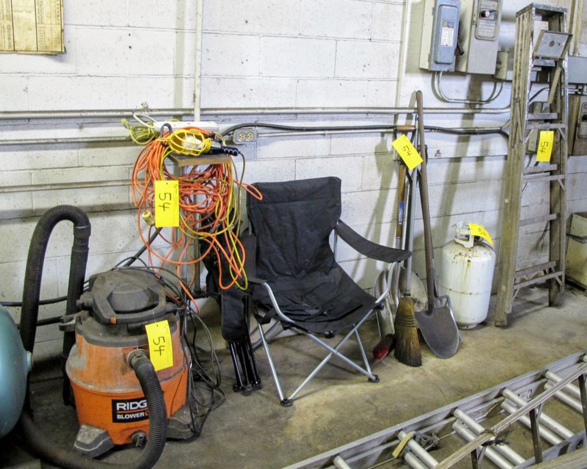 LOT OF SHOP VACUUM, LADDER, PROPANE TANK, EXTENSION CORDS, ETC.