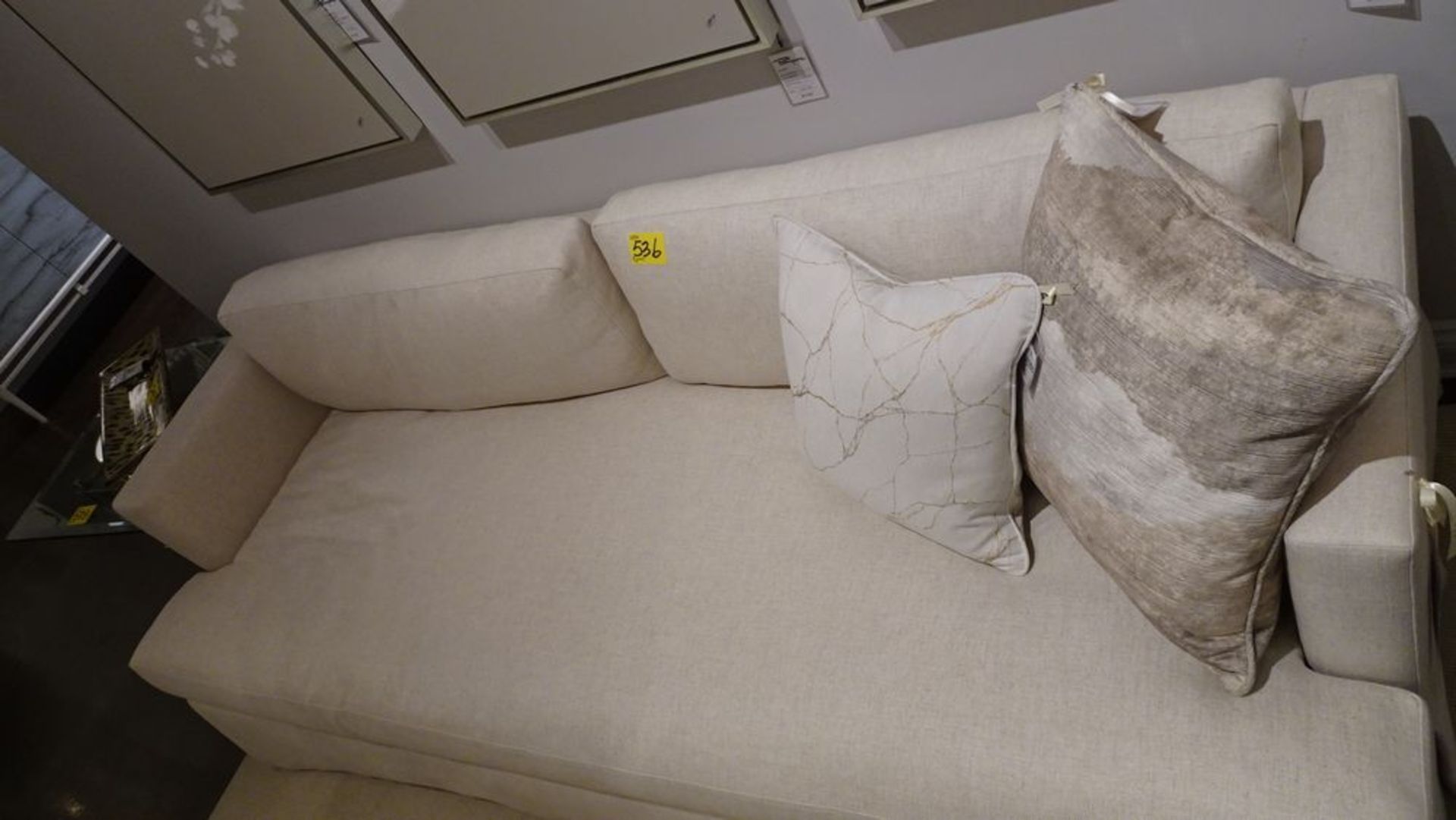 3 SEATER SOFA - CRÈME LINEN, ONE CUSHION W/TOSS PILLOWS (MSRP $7670) - Image 4 of 5