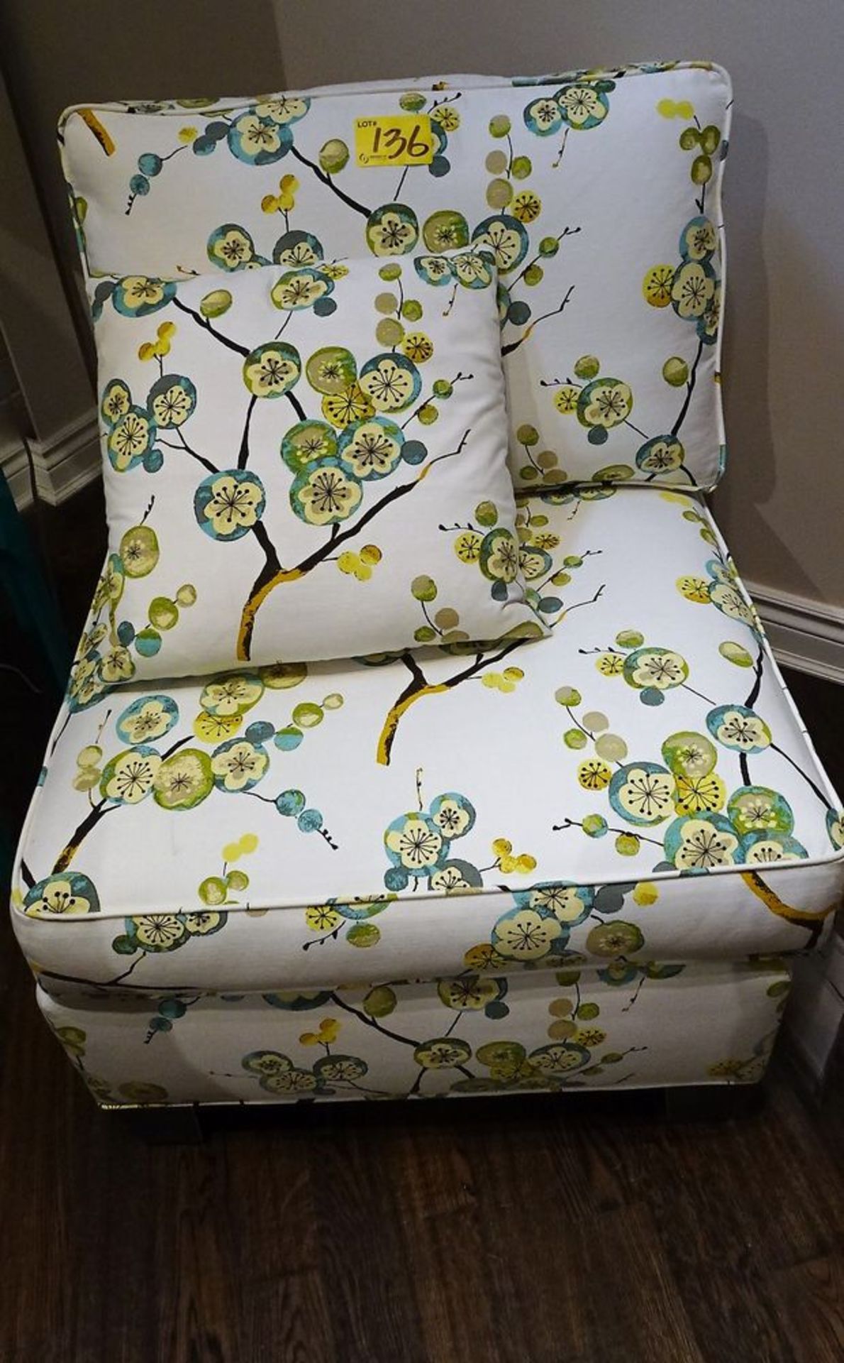 PAIR OF ARMLESS ACCENT CHAIRS - FLORAL CITRUS W/ TOSS PILLOWS (MSRP $3570)