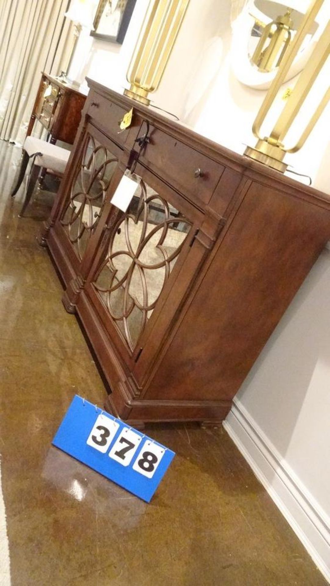 CREDENZA - 2 DOOR, 2 DRAWER, EGLOMISE MIRROR/BRASS GRILLWORK DOORS - Image 7 of 7