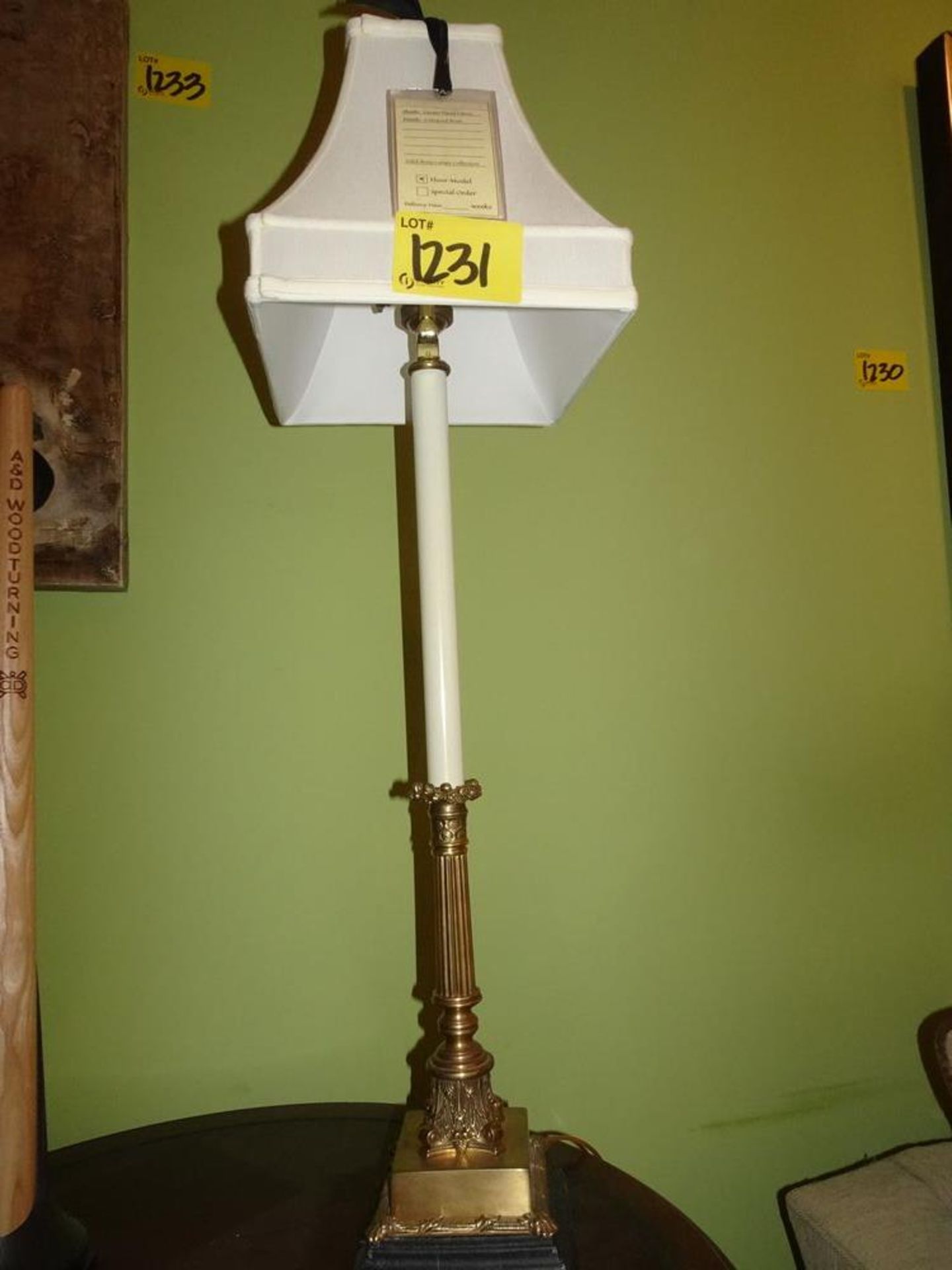 LOT (2) TABLE LAMP - ANTIQUE BRASS BASE, SILKEN SHADE (DAMAGE TO ONE SHADE) - Image 8 of 10