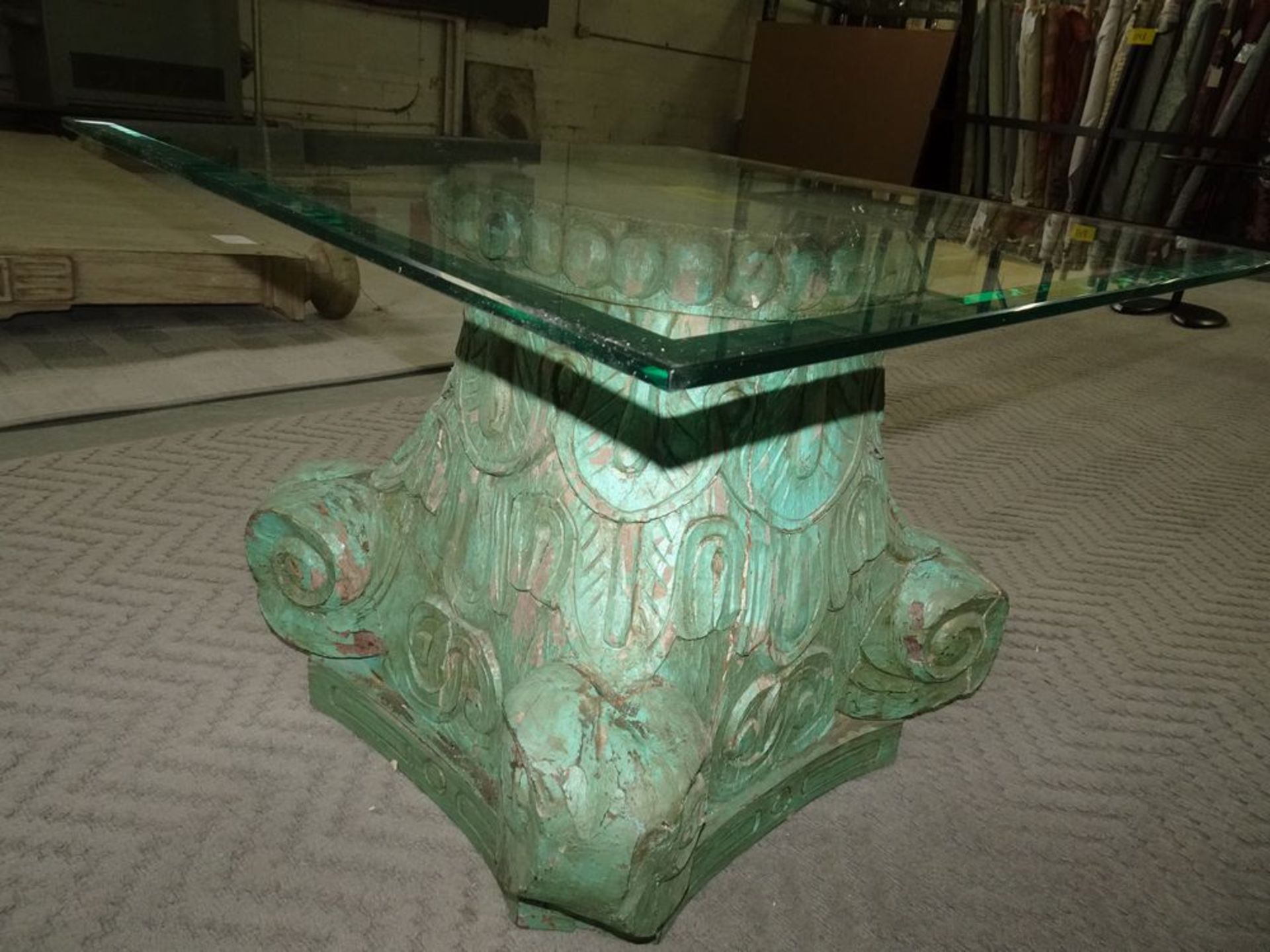 COFFEE TABLE - GREEN WOOD BASE/ GLASS TOP - Image 4 of 4