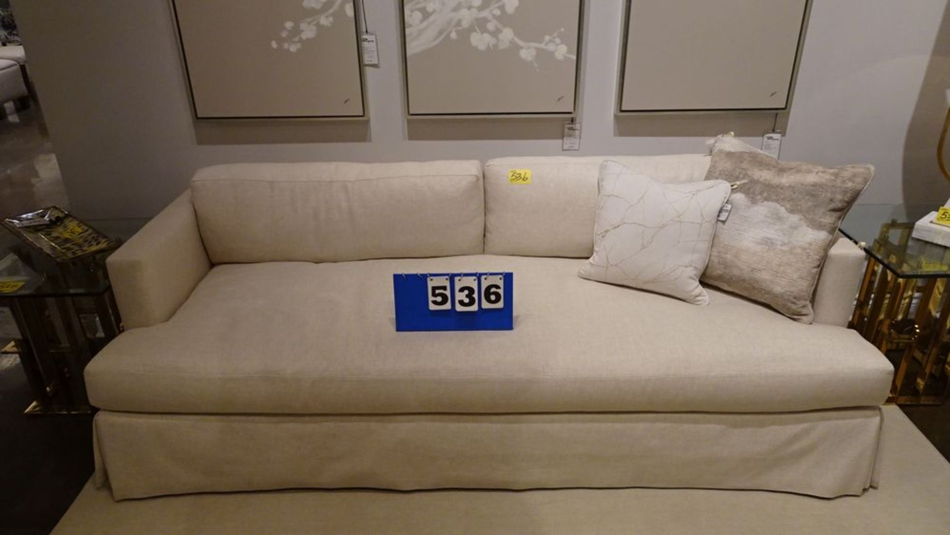 3 SEATER SOFA - CRÈME LINEN, ONE CUSHION W/TOSS PILLOWS (MSRP $7670)