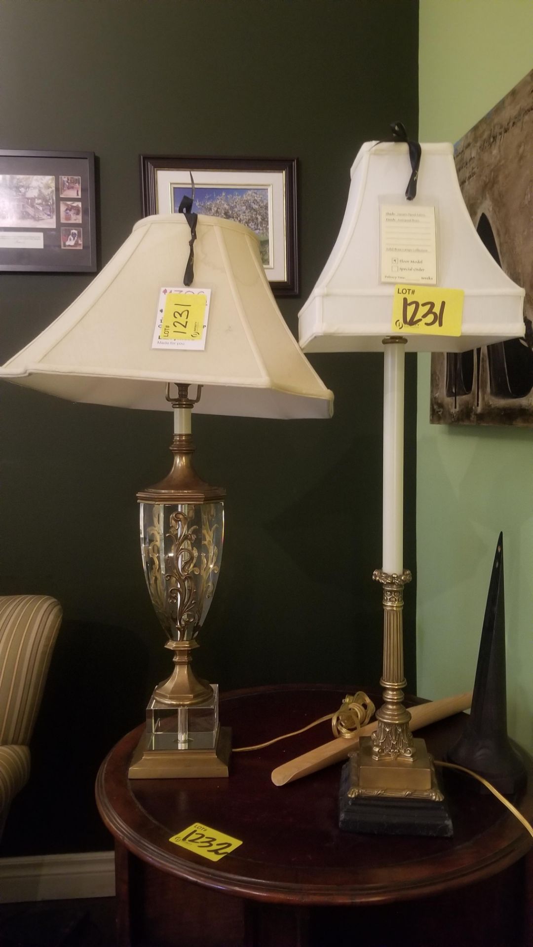 LOT (2) TABLE LAMP - ANTIQUE BRASS BASE, SILKEN SHADE (DAMAGE TO ONE SHADE)